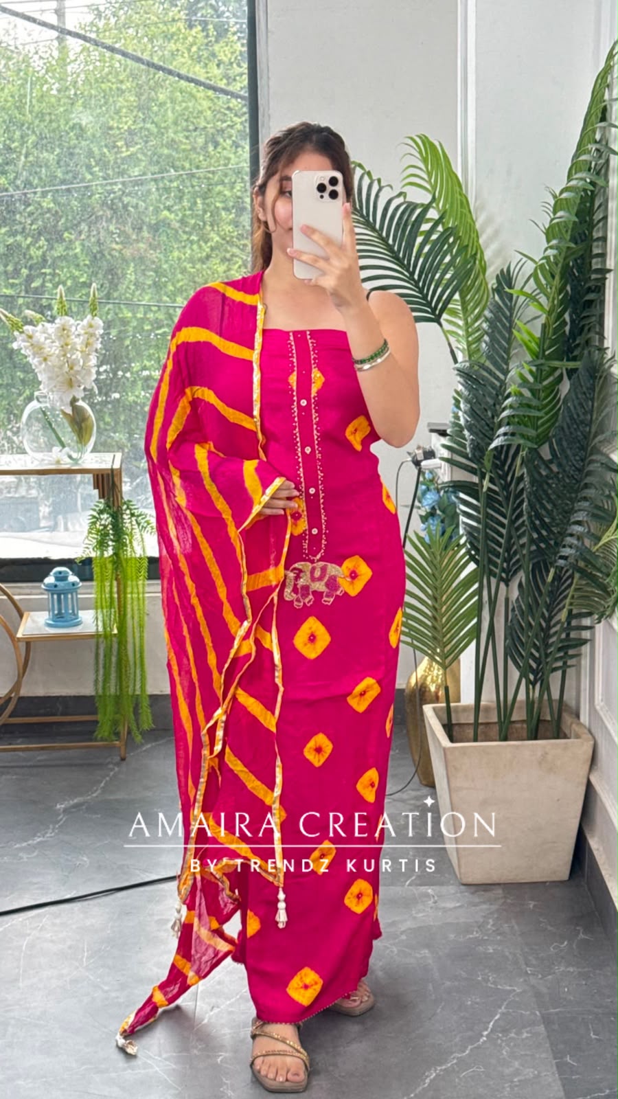 Premium Crepe Magenta Colour Bandez Print Unstitched Suit With Chiffon Dupatta