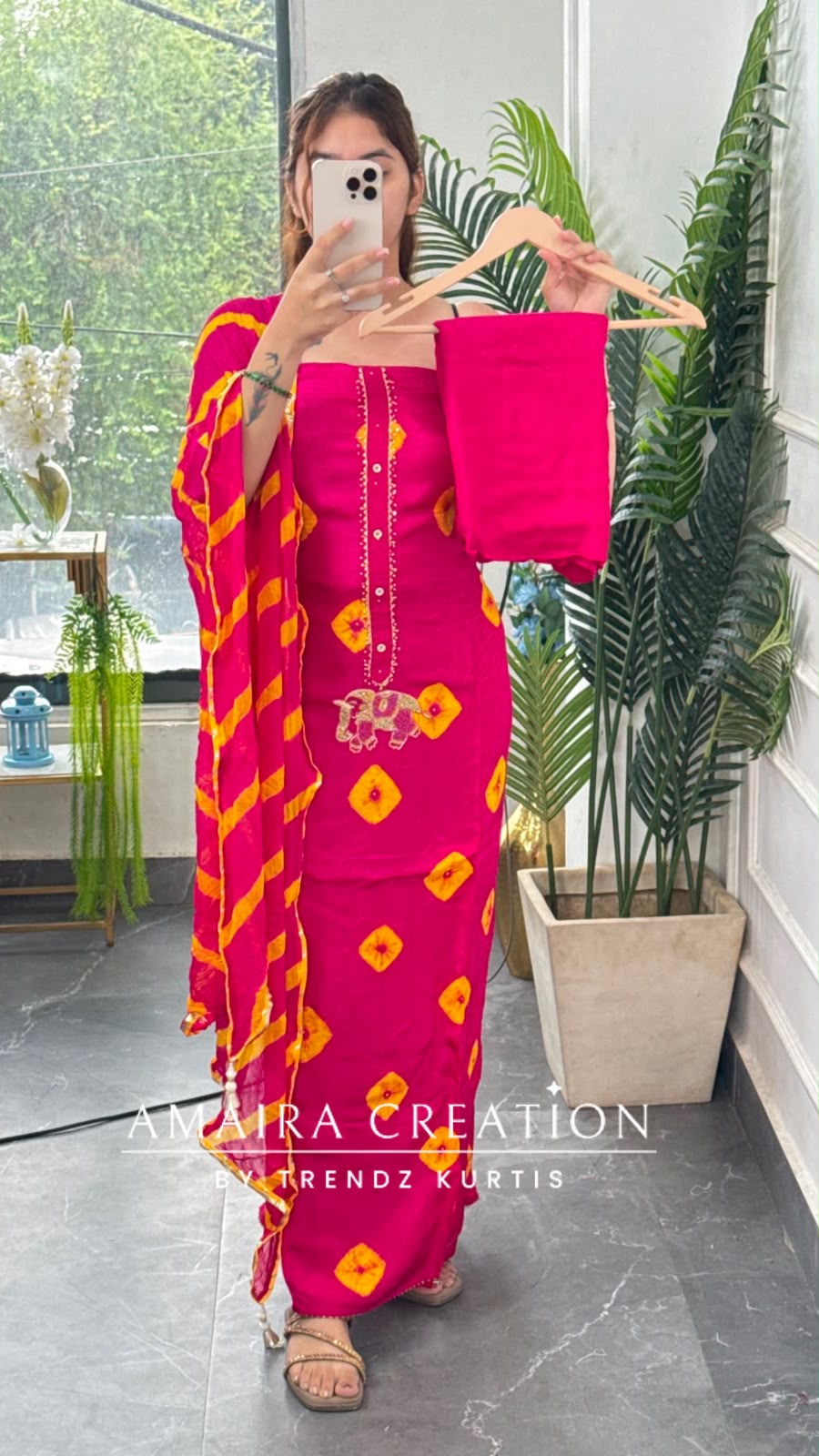 Premium Crepe Magenta Colour Bandez Print Unstitched Suit With Chiffon Dupatta