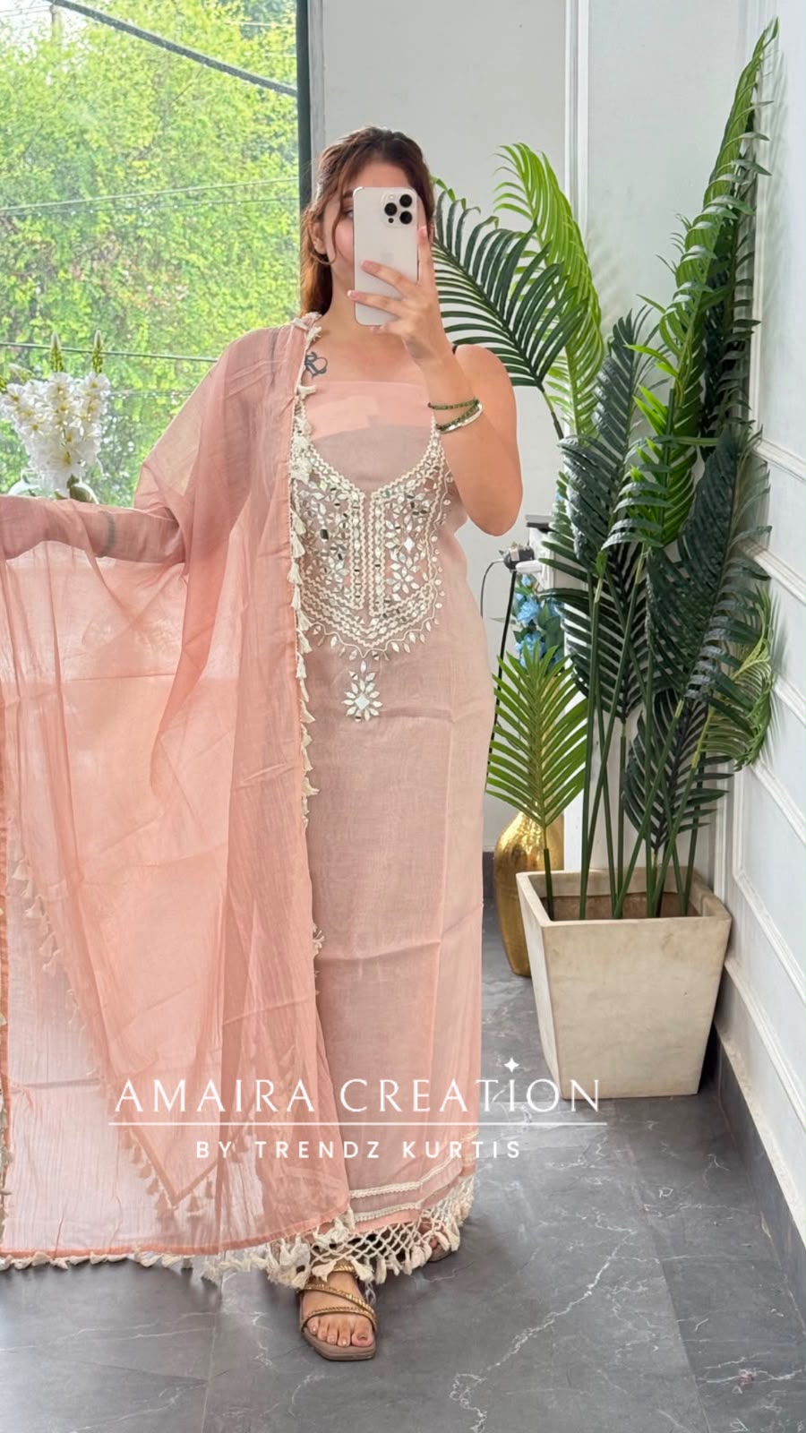 Premium Mul Chanderi Peach Colour Beautiful Mirror Work Unstitched Suit