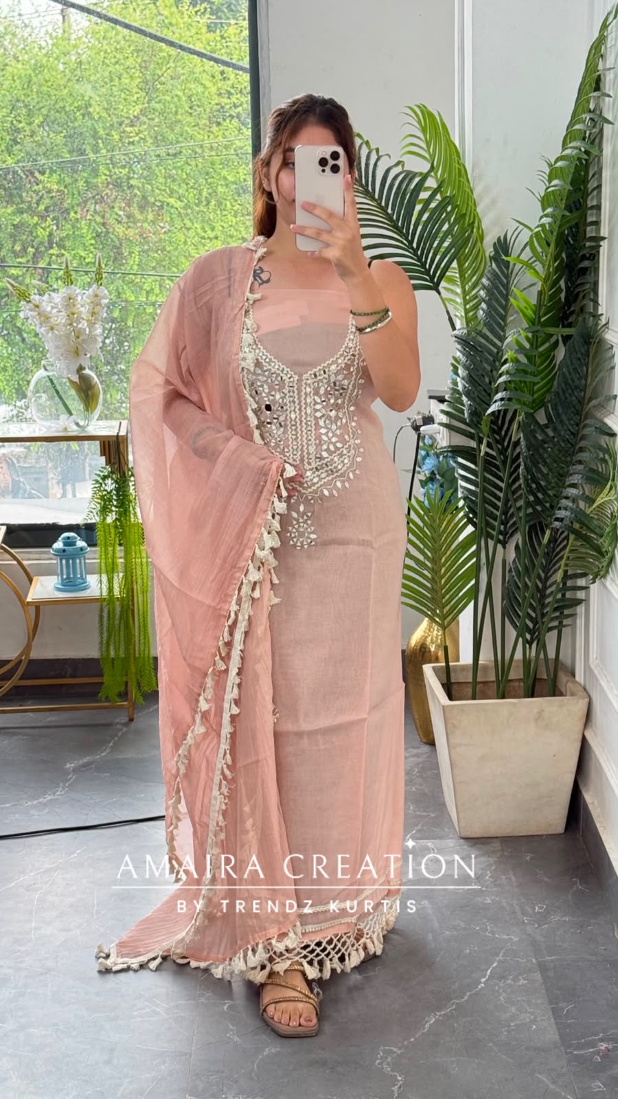 Premium Mul Chanderi Peach Colour Beautiful Mirror Work Unstitched Suit