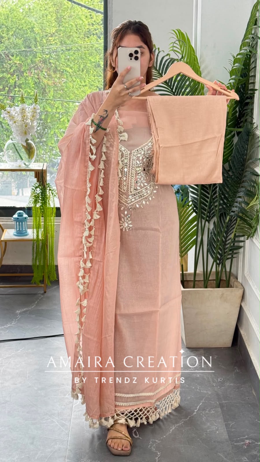 Premium Mul Chanderi Peach Colour Beautiful Mirror Work Unstitched Suit
