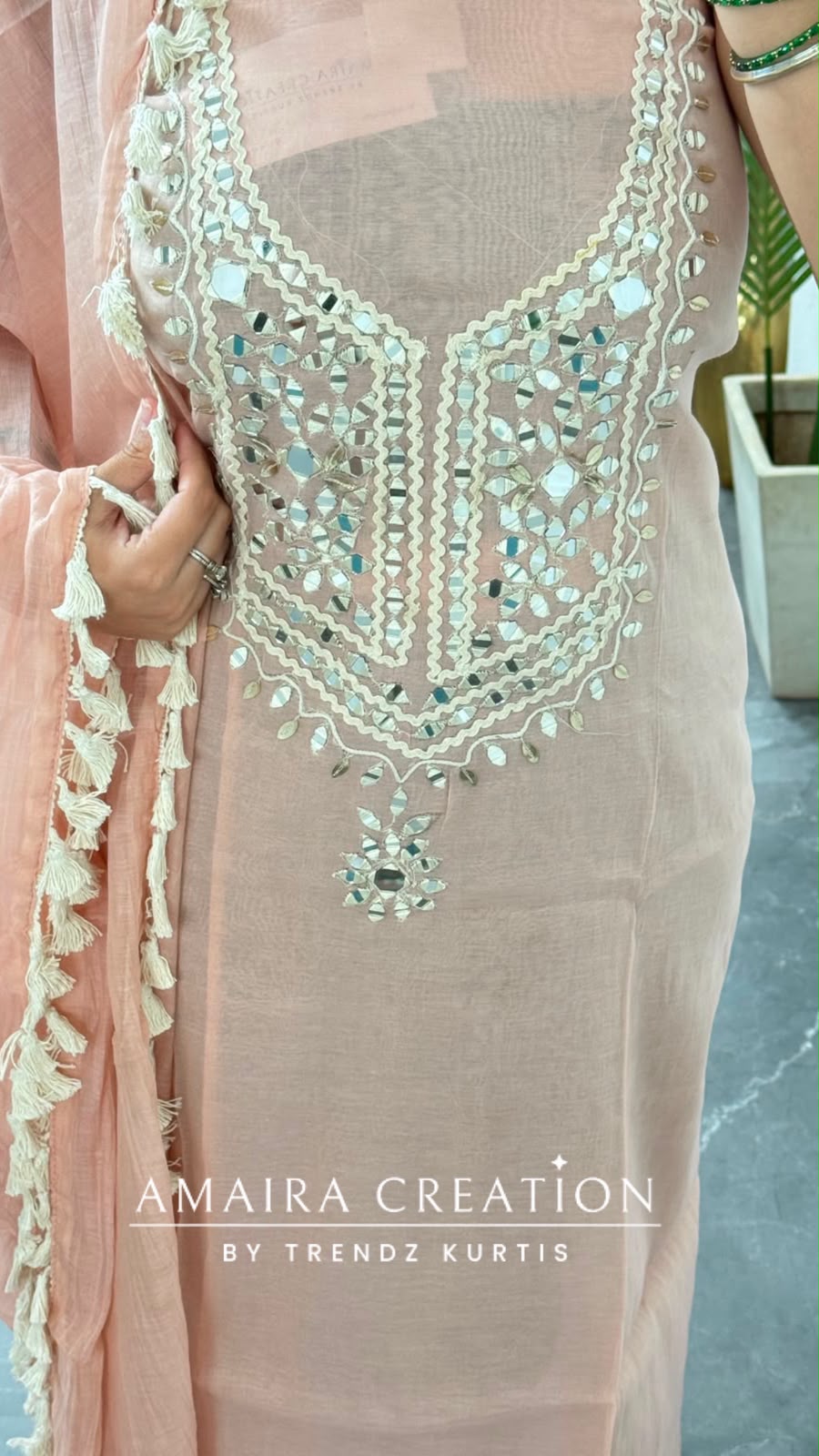 Premium Mul Chanderi Peach Colour Beautiful Mirror Work Unstitched Suit