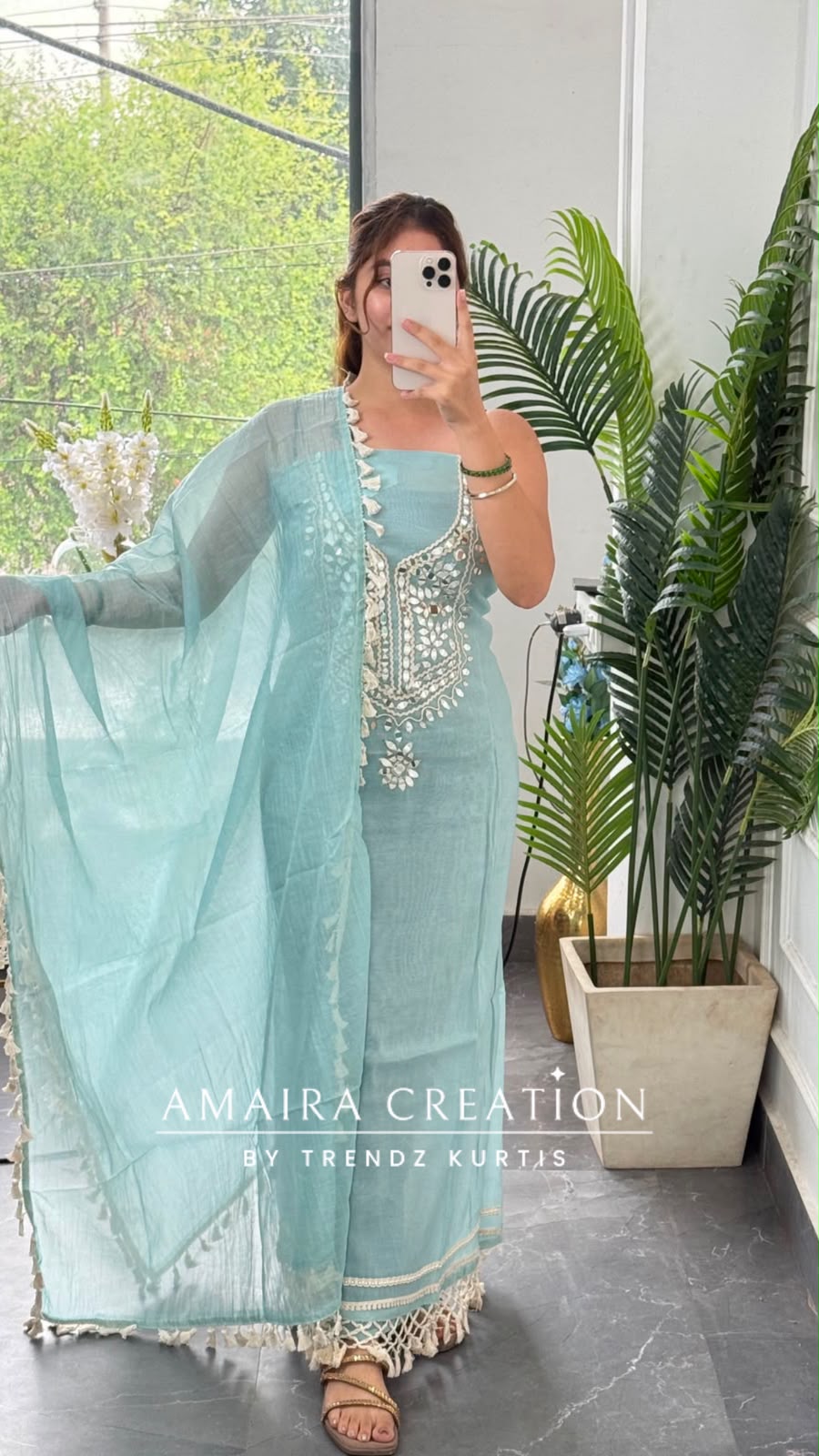 Premium Mul Chanderi Sky Blue Colour Beautiful Mirror Work Unstitched Suit