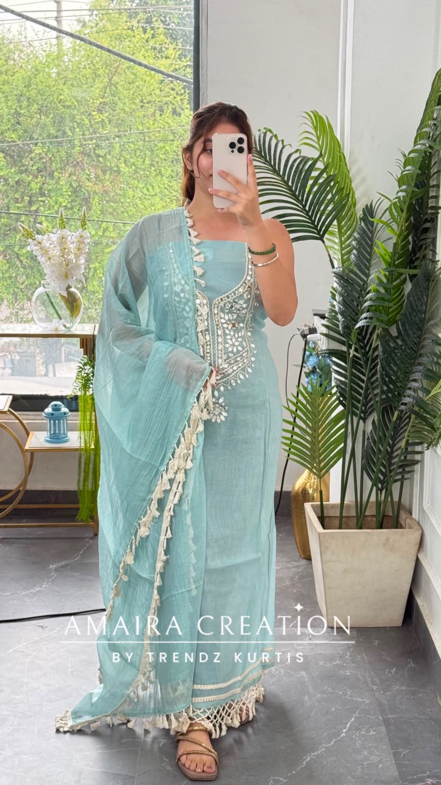 Premium Mul Chanderi Sky Blue Colour Beautiful Mirror Work Unstitched Suit