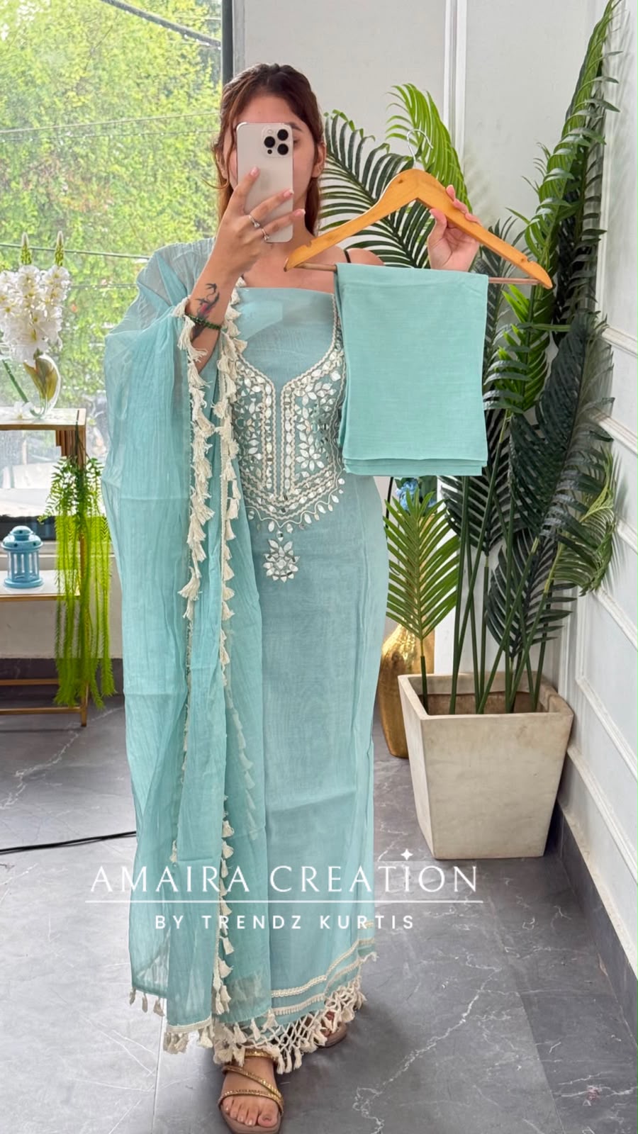 Premium Mul Chanderi Sky Blue Colour Beautiful Mirror Work Unstitched Suit