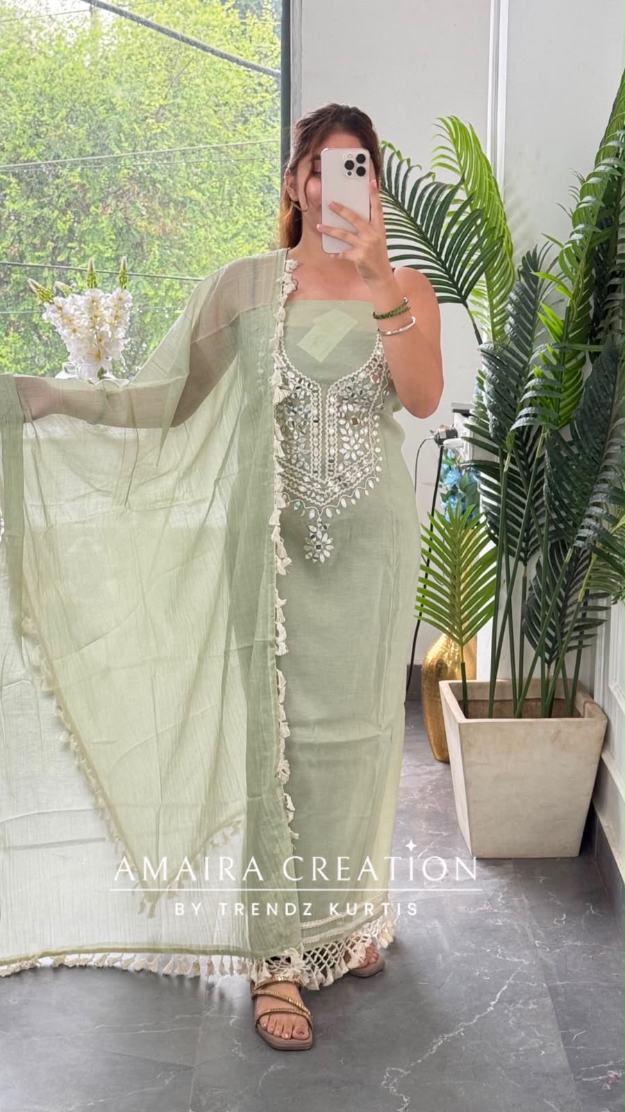 Premium Mul Chanderi Green Colour Beautiful Mirror Work Unstitched Suit