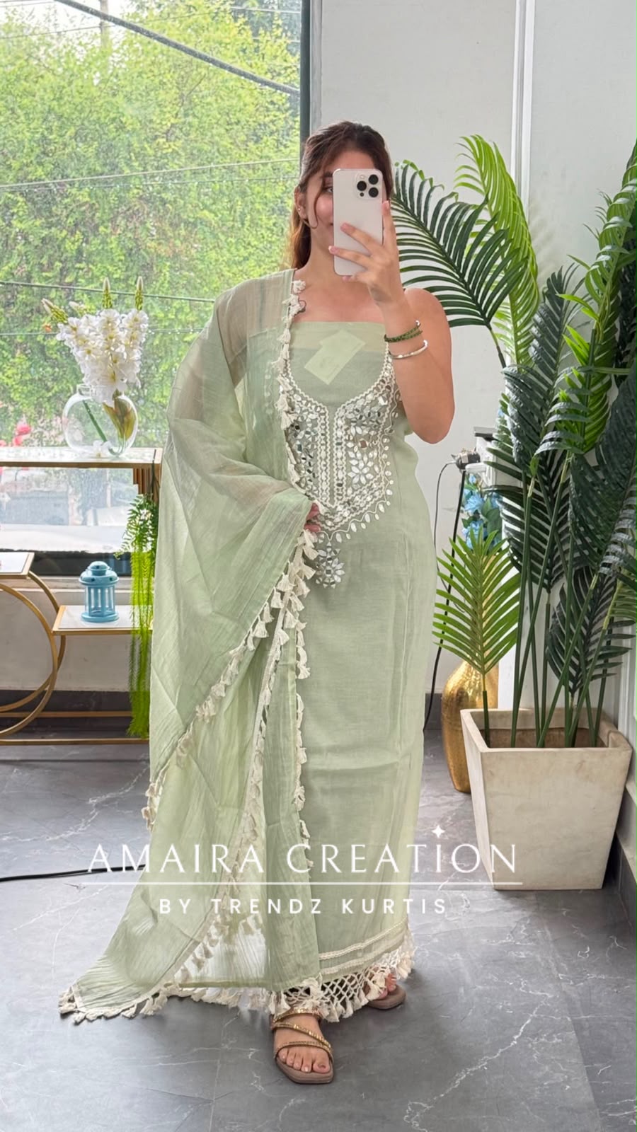 Premium Mul Chanderi Green Colour Beautiful Mirror Work Unstitched Suit