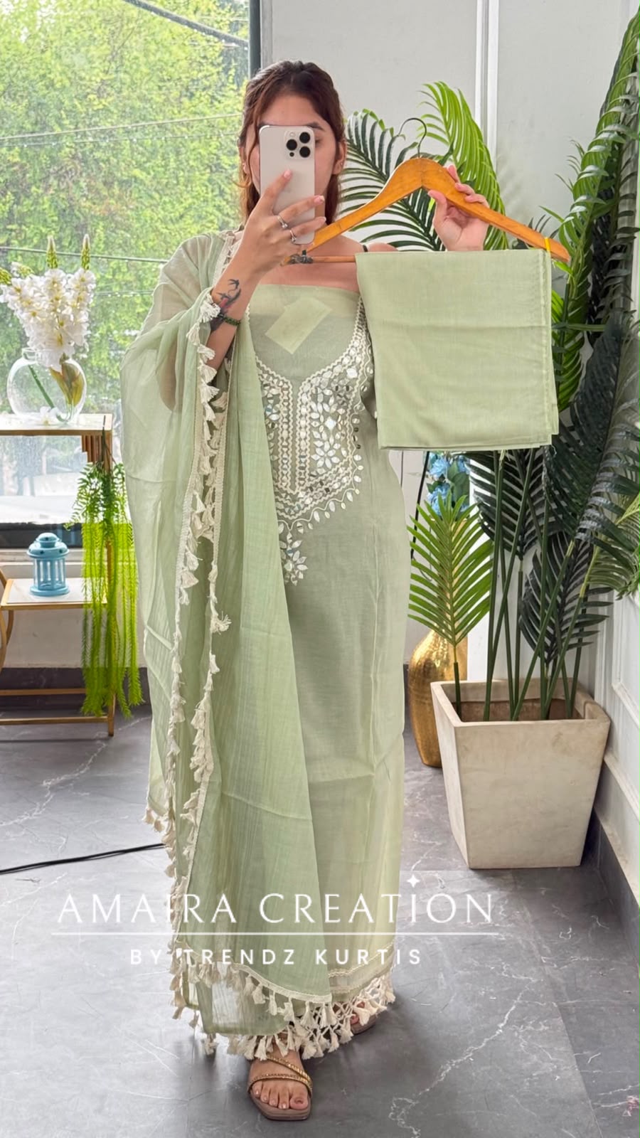 Premium Mul Chanderi Green Colour Beautiful Mirror Work Unstitched Suit