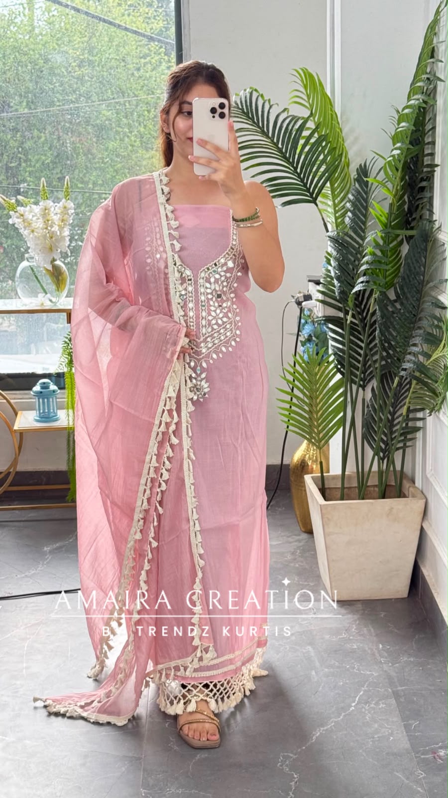 Premium Mul Chanderi Pink Colour Beautiful Mirror Work Unstitched Suit