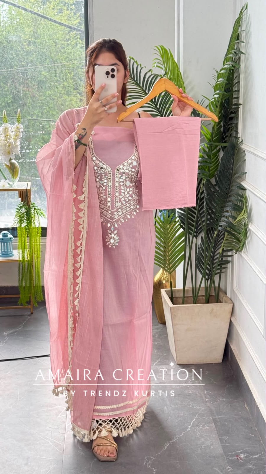Premium Mul Chanderi Pink Colour Beautiful Mirror Work Unstitched Suit