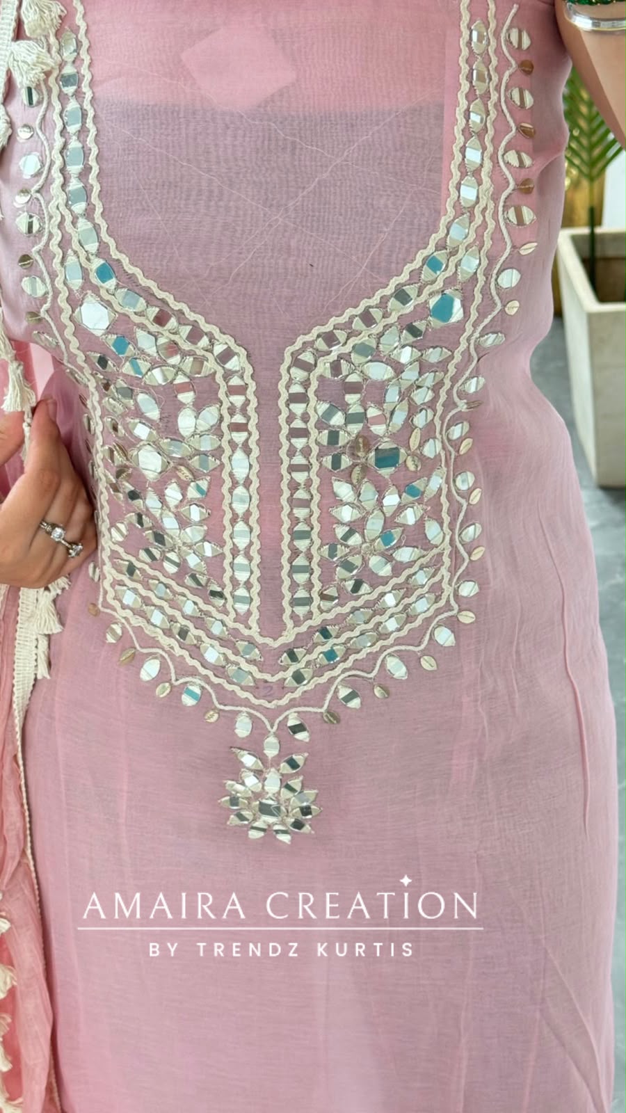 Premium Mul Chanderi Pink Colour Beautiful Mirror Work Unstitched Suit