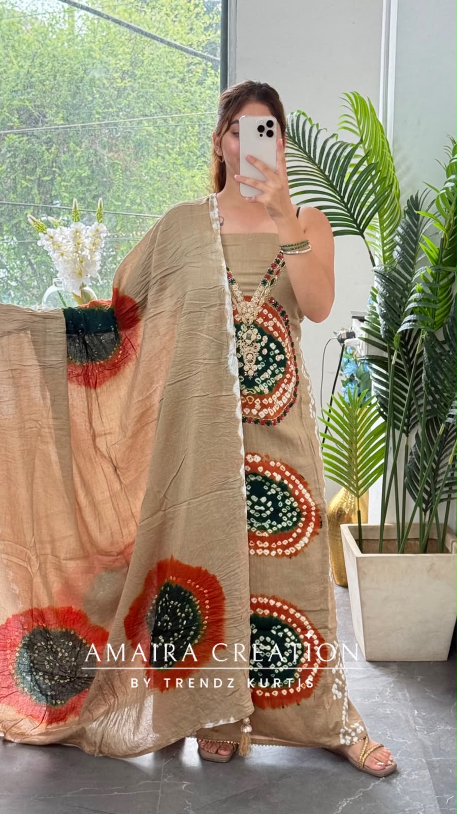 Premium Cotton Beige green colour Bandhni detailing unstitch suit with beautiful dupatta.