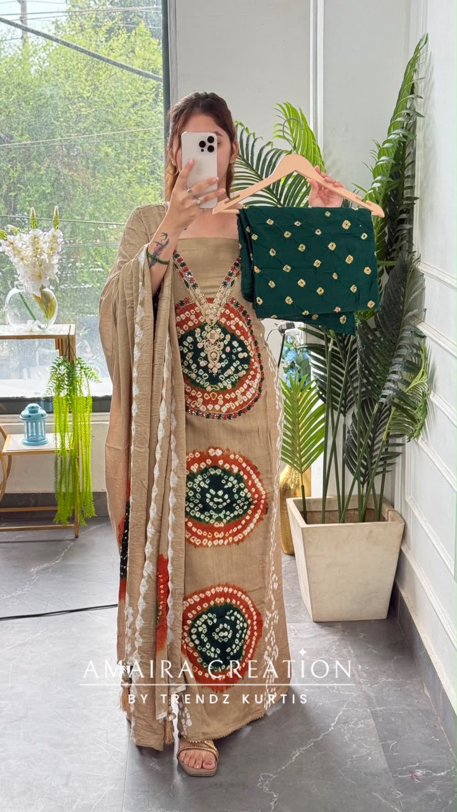 Premium Cotton Beige green colour Bandhni detailing unstitch suit with beautiful dupatta.