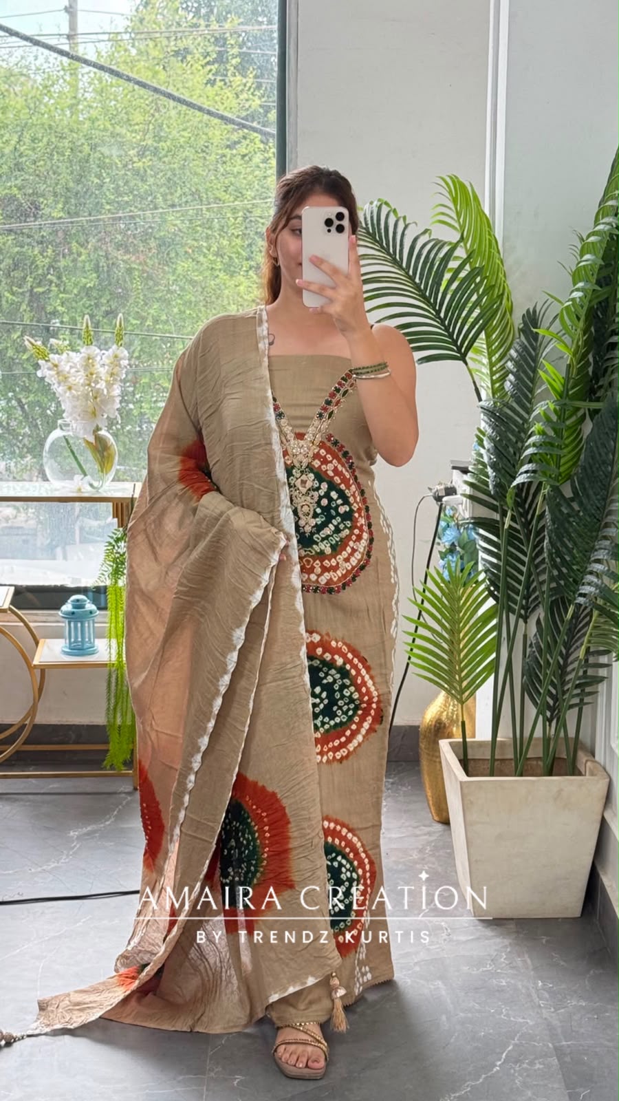 Premium Cotton Beige green colour Bandhni detailing unstitch suit with beautiful dupatta.