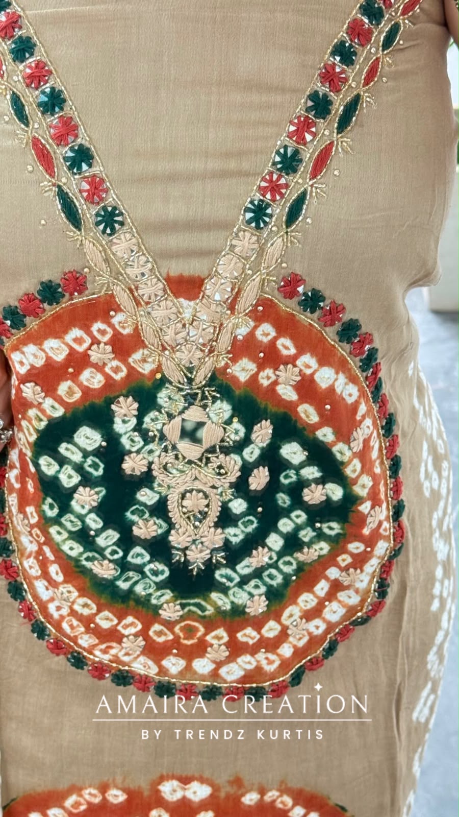 Premium Cotton Beige green colour Bandhni detailing unstitch suit with beautiful dupatta.
