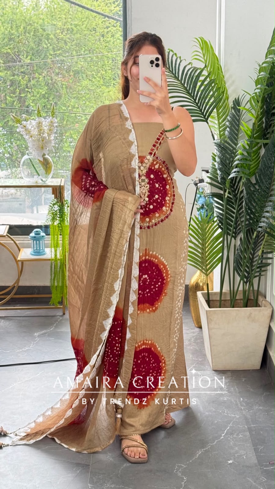 Premium Cotton Beige Maroon colour Bandhni detailing unstitch suit with beautiful dupatta.