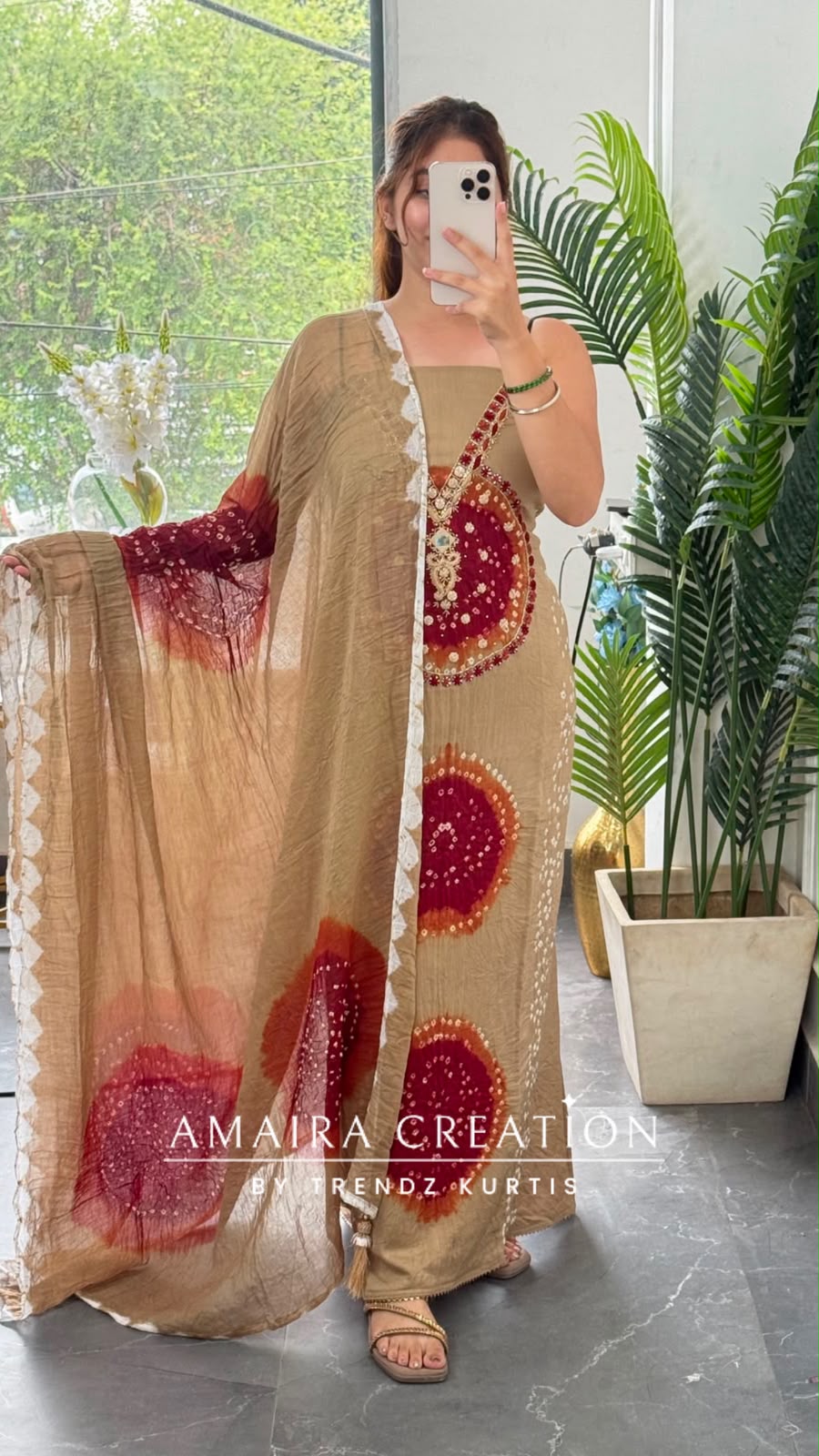 Premium Cotton Beige Maroon colour Bandhni detailing unstitch suit with beautiful dupatta.