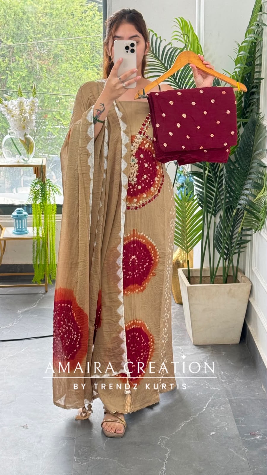 Premium Cotton Beige Maroon colour Bandhni detailing unstitch suit with beautiful dupatta.