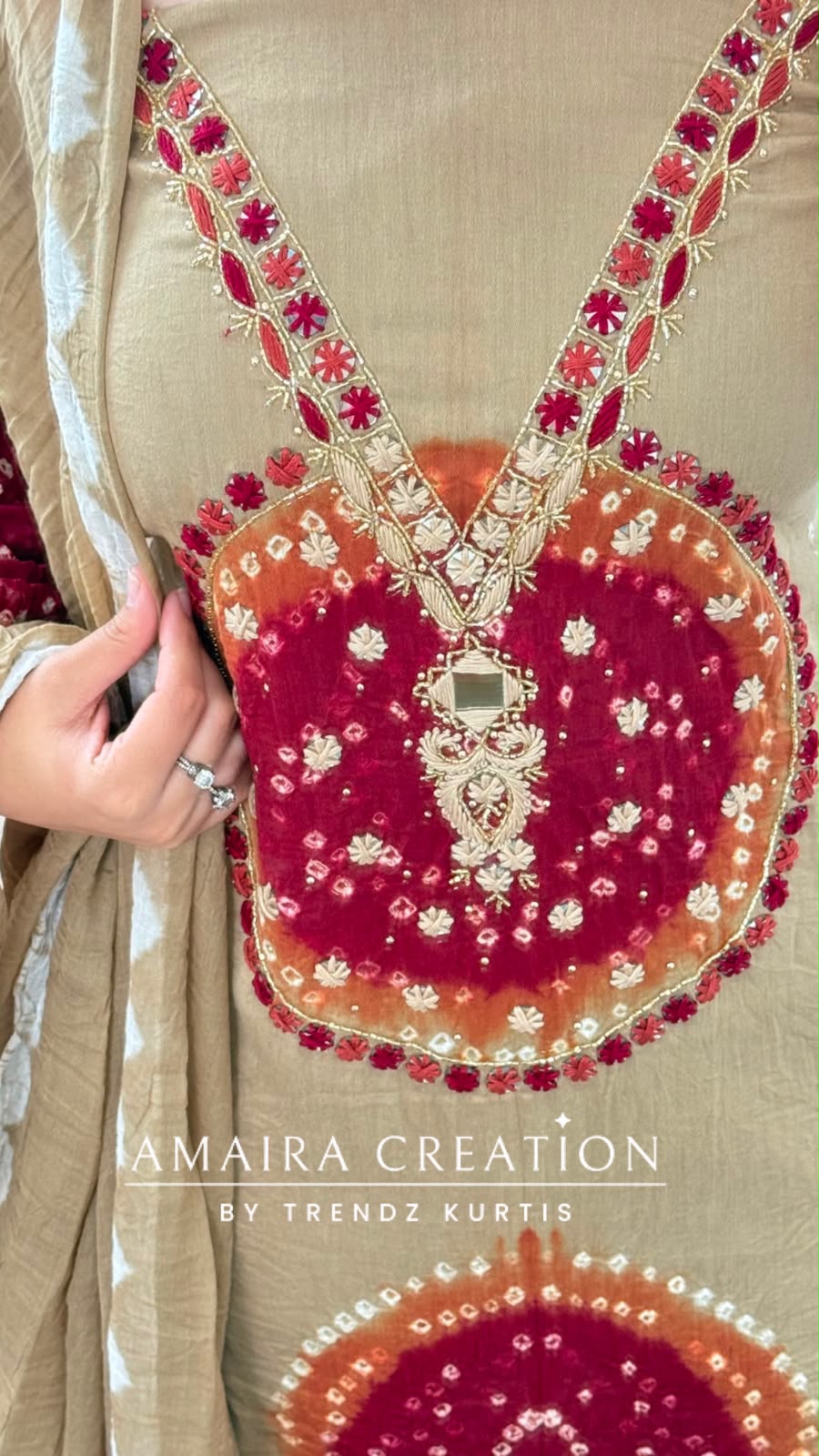 Premium Cotton Beige Maroon colour Bandhni detailing unstitch suit with beautiful dupatta.