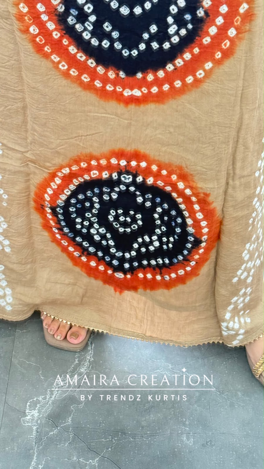 Premium Cotton Beige Black colour Bandhni detailing unstitch suit with beautiful dupatta.