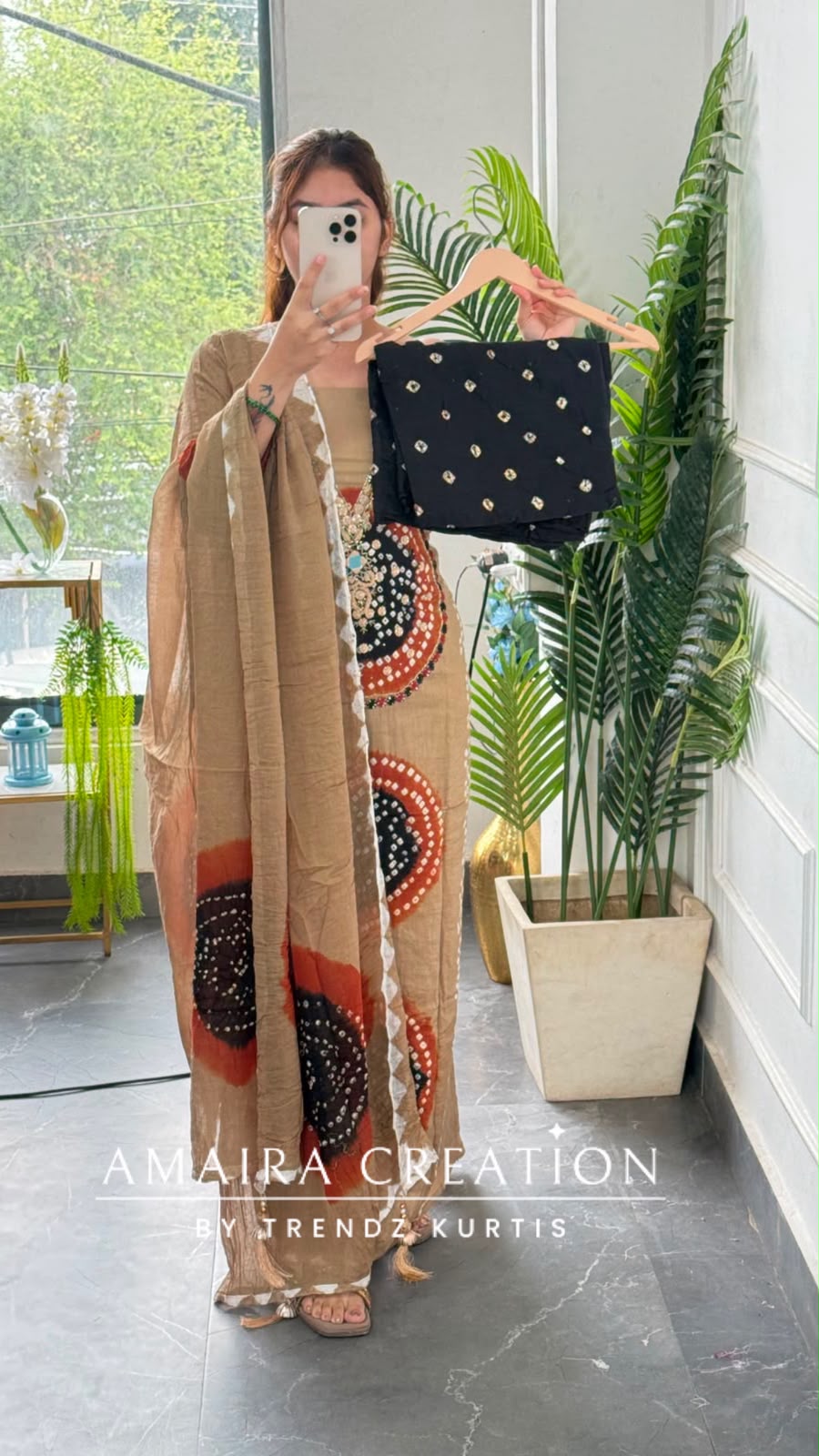 Premium Cotton Beige Black colour Bandhni detailing unstitch suit with beautiful dupatta.