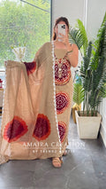 Premium Cotton Beige Falsa colour Bandhni detailing unstitch suit with beautiful dupatta.