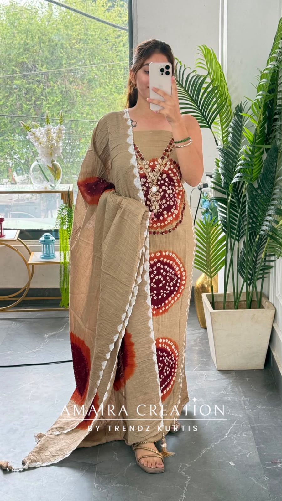 Premium Cotton Beige Falsa colour Bandhni detailing unstitch suit with beautiful dupatta.