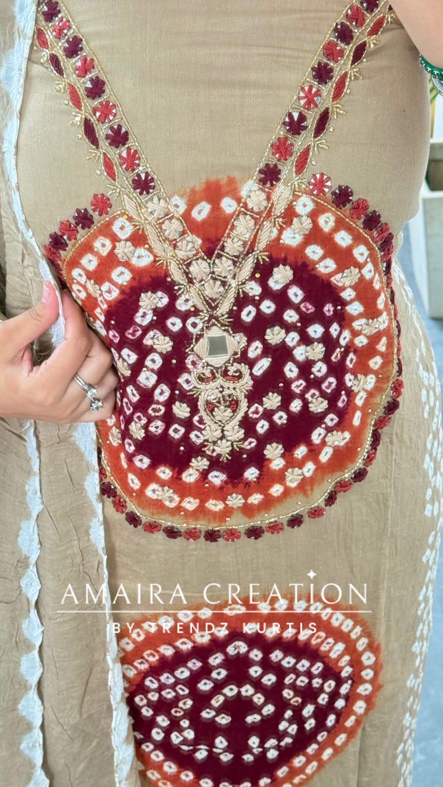 Premium Cotton Beige Falsa colour Bandhni detailing unstitch suit with beautiful dupatta.