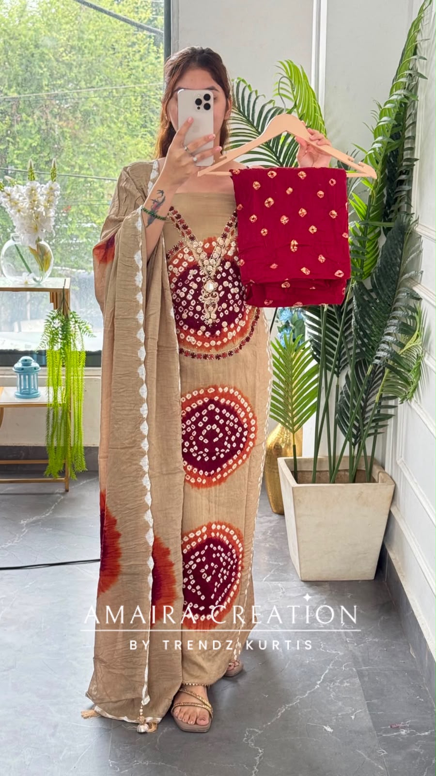 Premium Cotton Beige Falsa colour Bandhni detailing unstitch suit with beautiful dupatta.