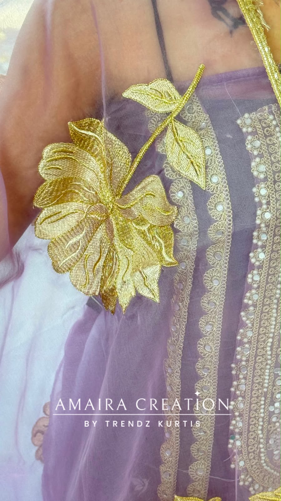 Premium Organza Fabric Lavender Colour Beautiful Work Detailing & Zabardast Dupatta