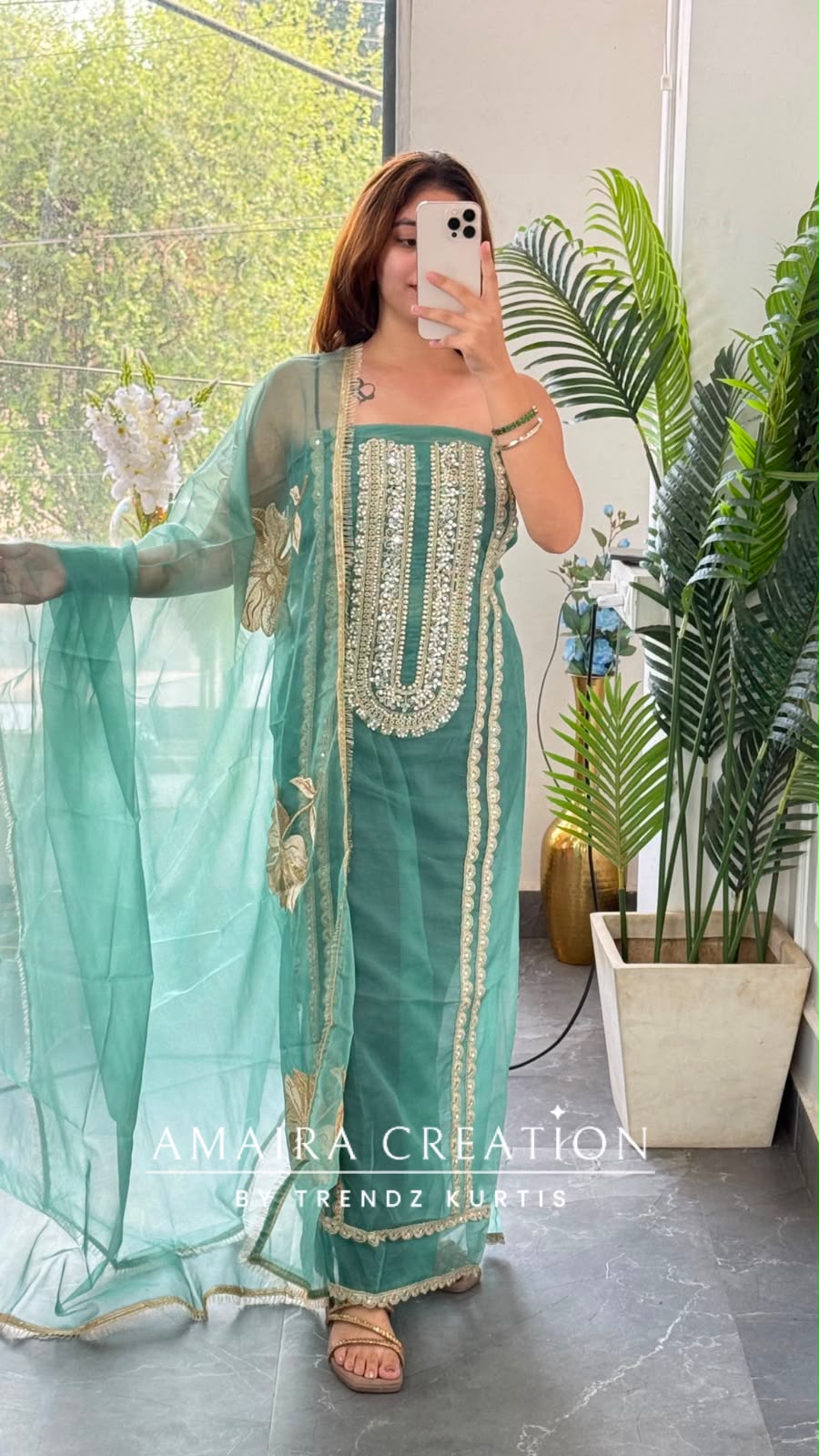 Premium Organza Fabric Sea Green Colour Beautiful Work Detailing & Zabardast Dupatta