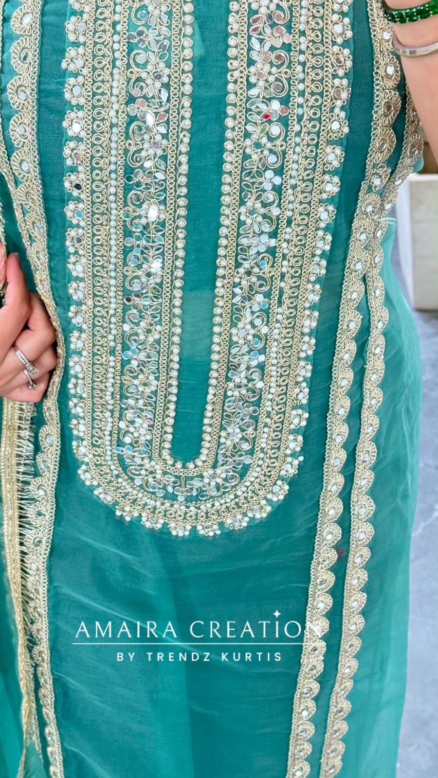 Premium Organza Fabric Sea Green Colour Beautiful Work Detailing & Zabardast Dupatta
