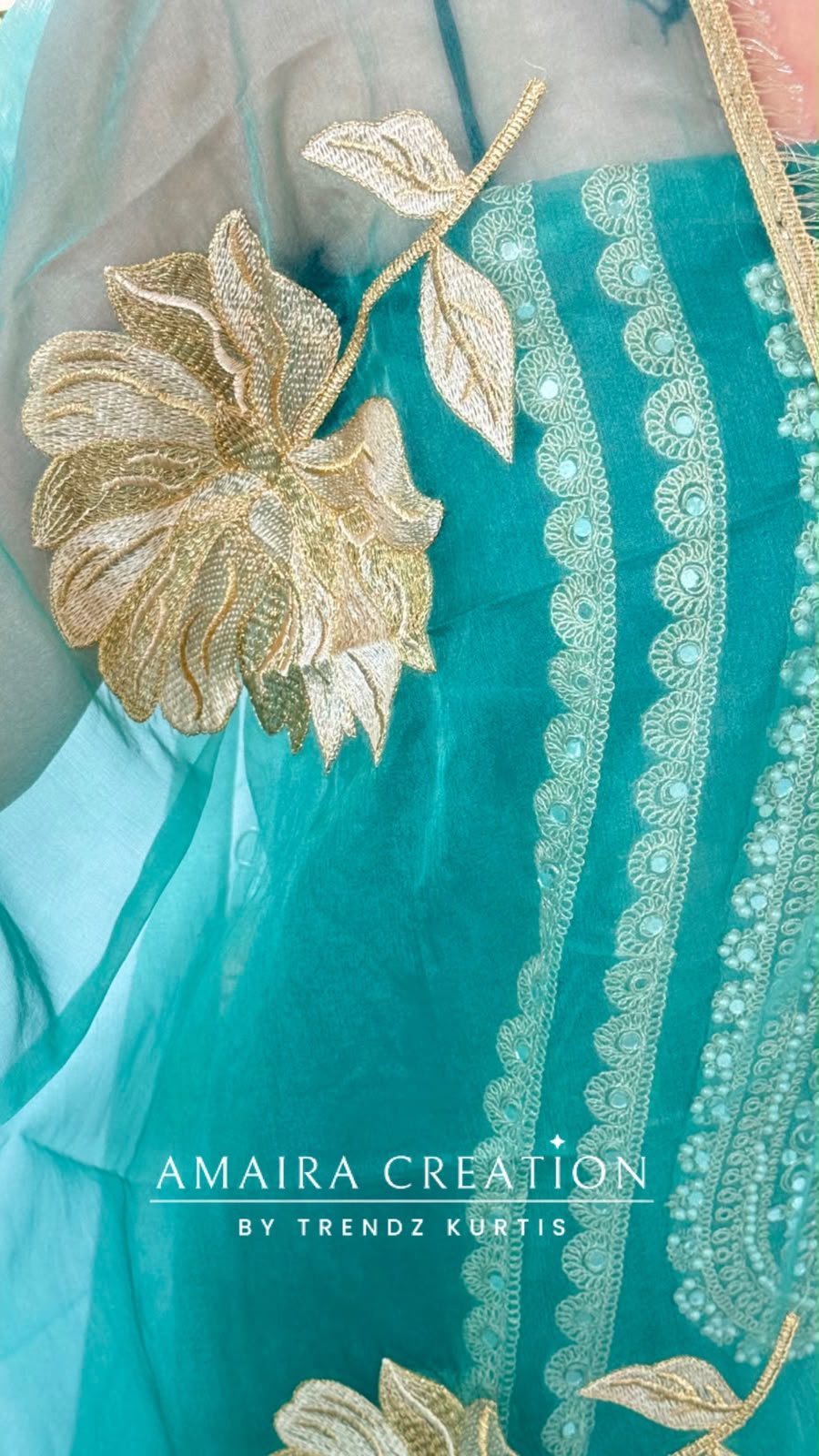Premium Organza Fabric Sea Green Colour Beautiful Work Detailing & Zabardast Dupatta