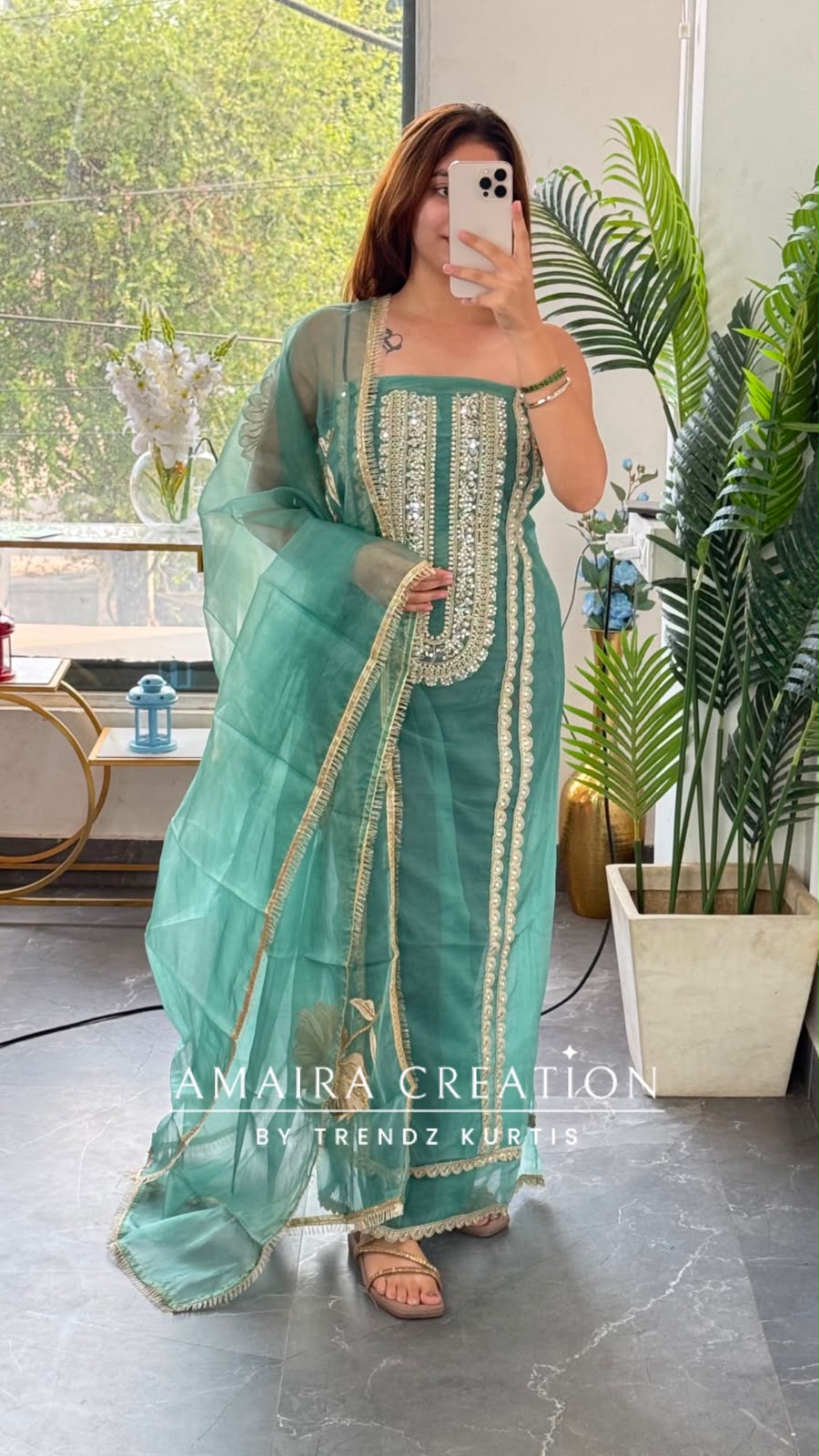 Premium Organza Fabric Sea Green Colour Beautiful Work Detailing & Zabardast Dupatta