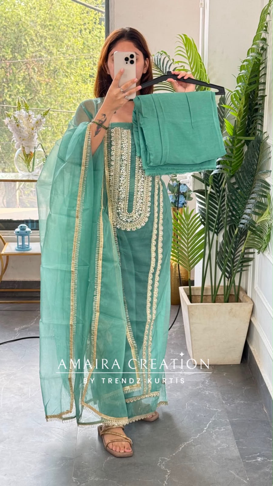Premium Organza Fabric Sea Green Colour Beautiful Work Detailing & Zabardast Dupatta