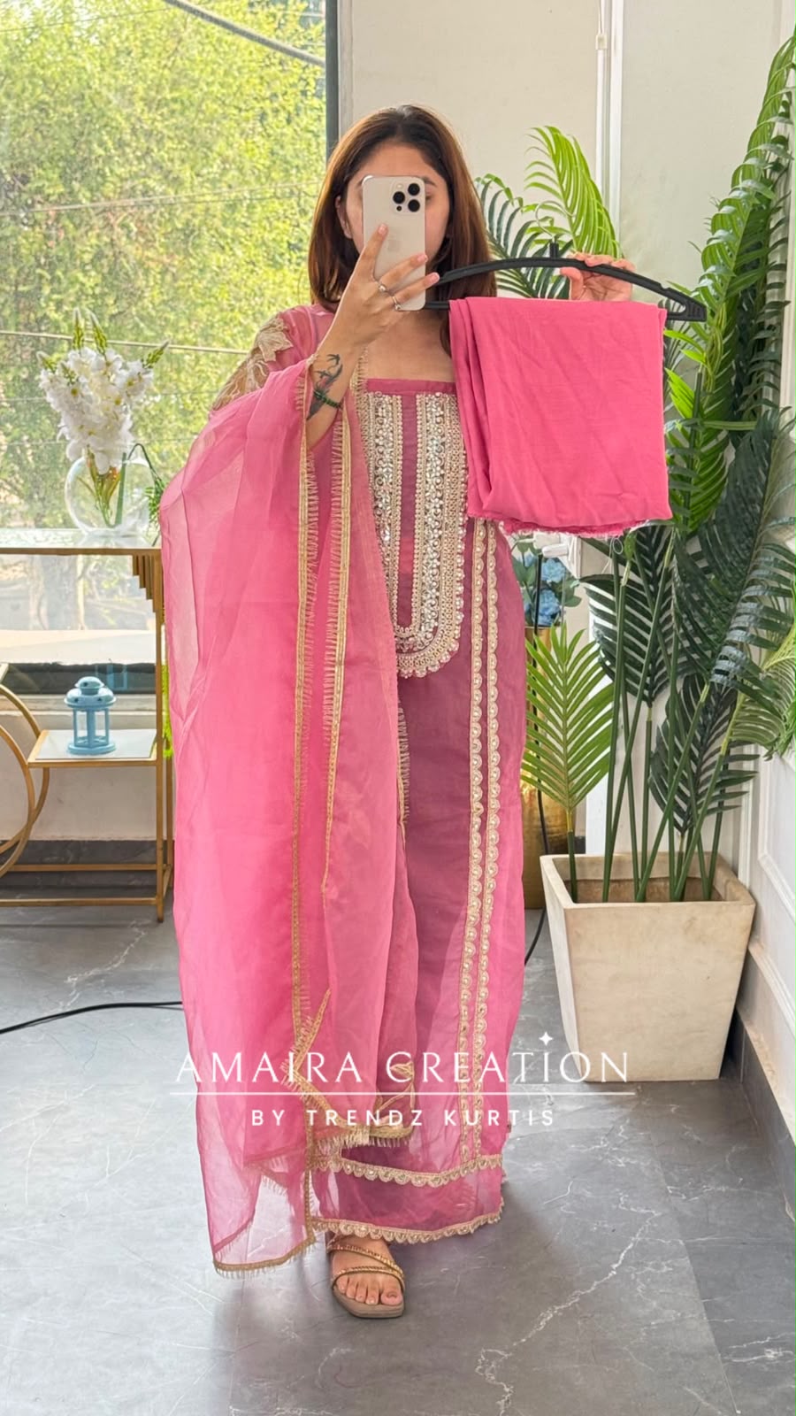 Premium Organza Fabric Dark Onion Colour Beautiful Work Detailing & Zabardast Dupatta