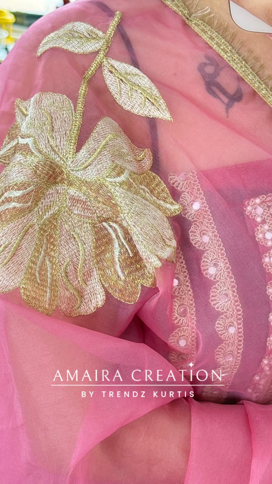 Premium Organza Fabric Dark Onion Colour Beautiful Work Detailing & Zabardast Dupatta