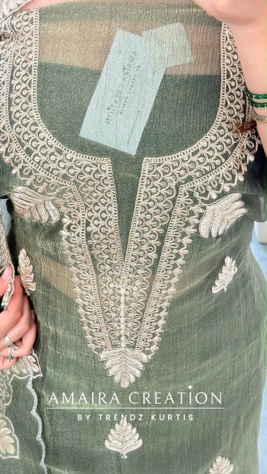 Premium Crush Organza Green Colour Nice Work Detailing Unstitch Suit