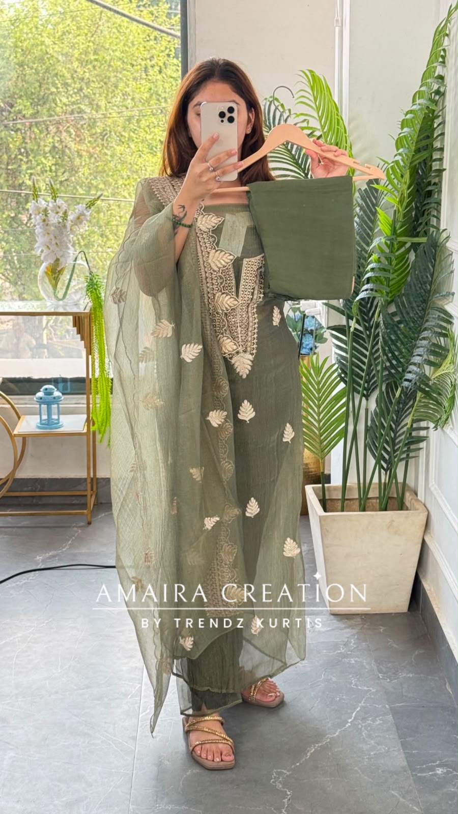 Premium Crush Organza Green Colour Nice Work Detailing Unstitch Suit