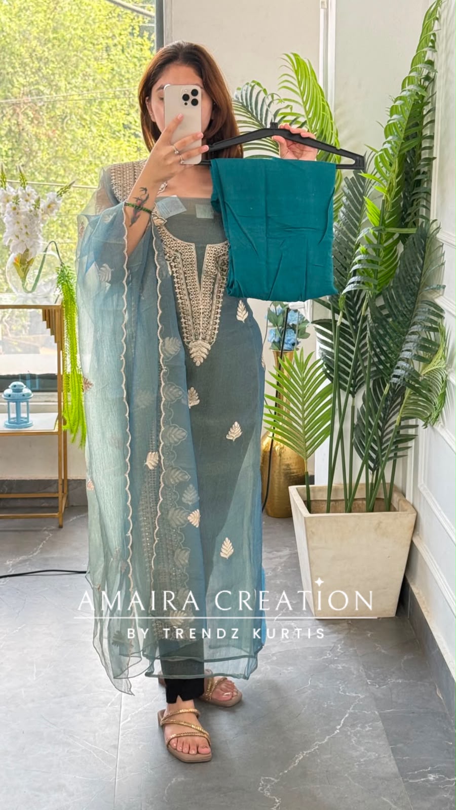 Premium Crush Organza Blue Colour Nice Work Detailing Unstitch Suit