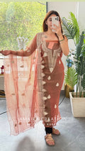 Premium Crush Organza Peach Colour Nice Work Detailing Unstitch Suit