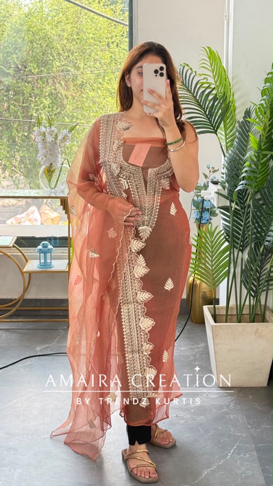 Premium Crush Organza Peach Colour Nice Work Detailing Unstitch Suit