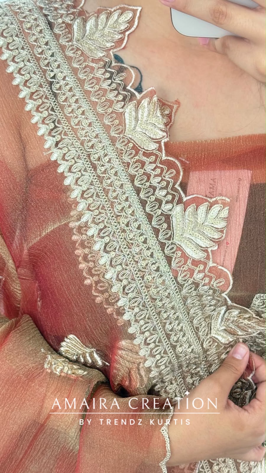 Premium Crush Organza Peach Colour Nice Work Detailing Unstitch Suit