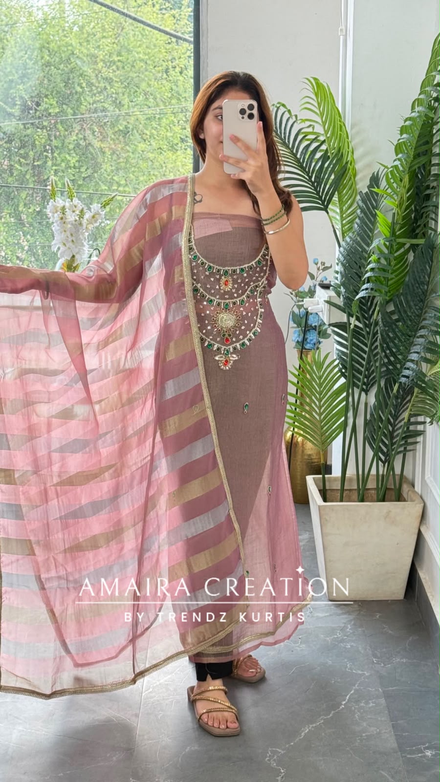 Premium Crush Glass Tissue Light Onion Colour Designer Neck Pattern Unstitched Suit