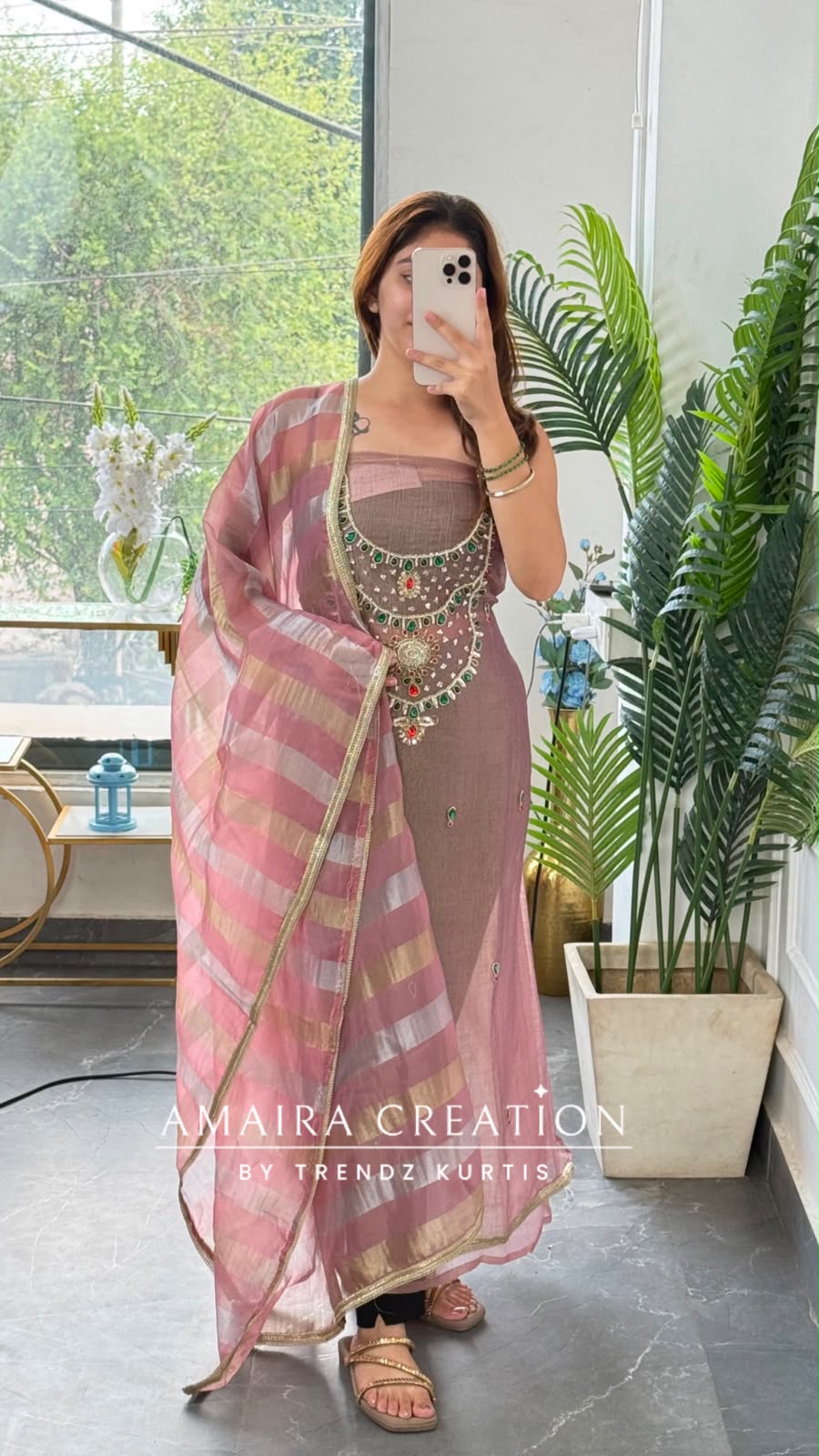 Premium Crush Glass Tissue Light Onion Colour Designer Neck Pattern Unstitched Suit