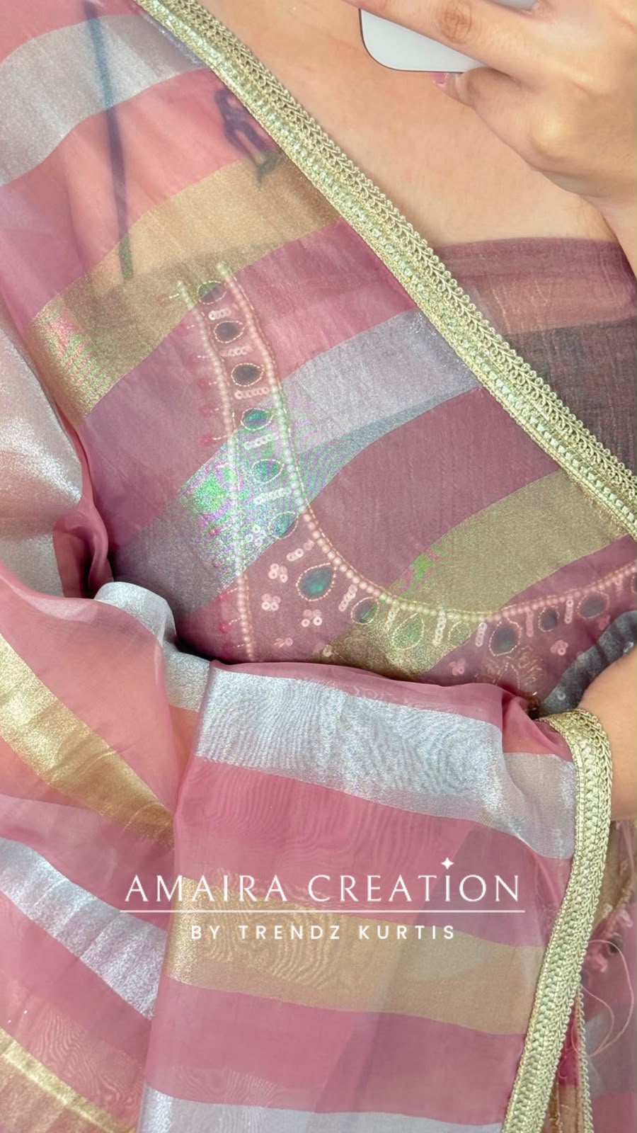 Premium Crush Glass Tissue Light Onion Colour Designer Neck Pattern Unstitched Suit