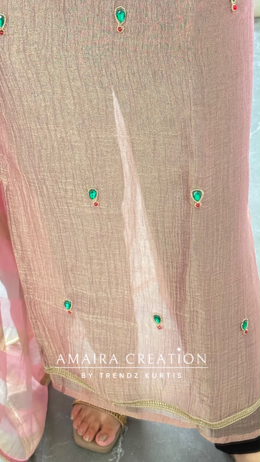 Premium Crush Glass Tissue Light Onion Colour Designer Neck Pattern Unstitched Suit