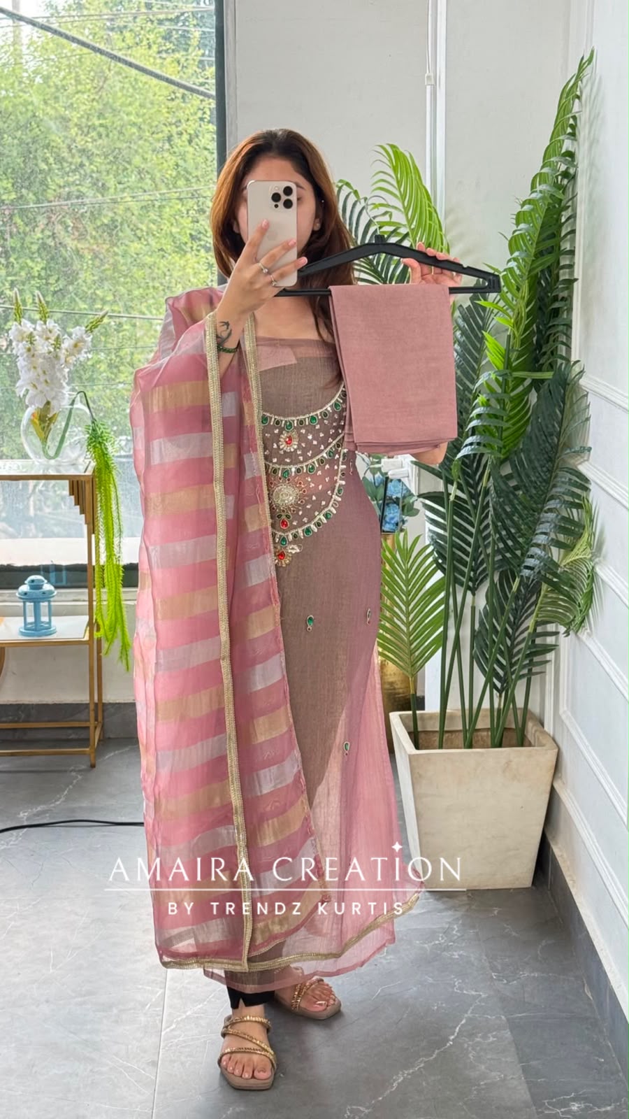 Premium Crush Glass Tissue Light Onion Colour Designer Neck Pattern Unstitched Suit