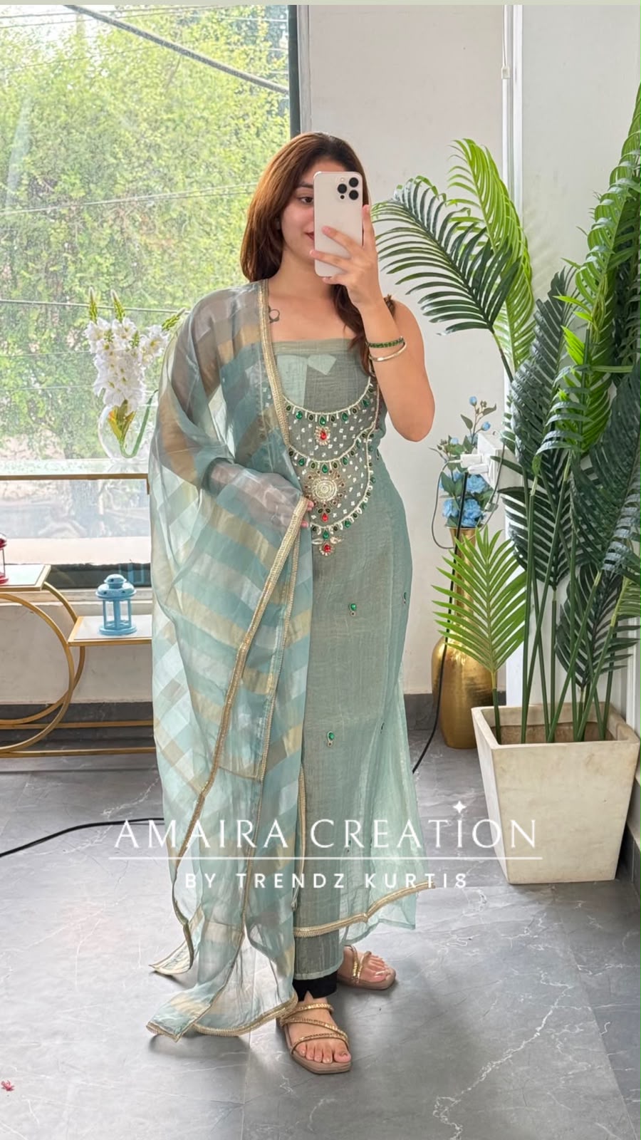 Premium Crush Glass Tissue Light Sea Green Colour Designer Neck Pattern Unstitched Suit