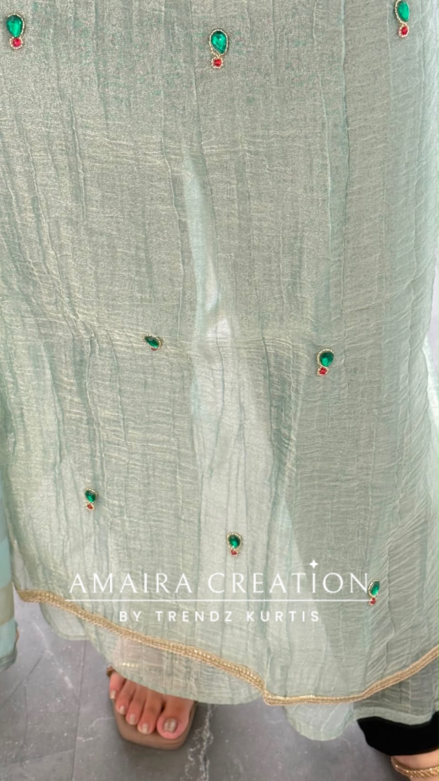 Premium Crush Glass Tissue Light Sea Green Colour Designer Neck Pattern Unstitched Suit